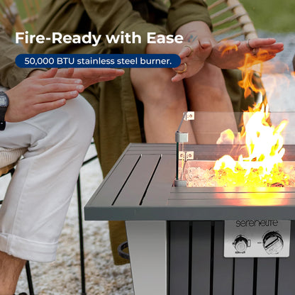 SereneLife Outdoor Propane Fire Pit Table, 50,000 BTU Square Fire Table with Stainless Steel Lid, Durable Legs, Adjustable Flame, Weather Cover, Perfect for Patio & Garden, 31.5” x 31.5” x 24.8”