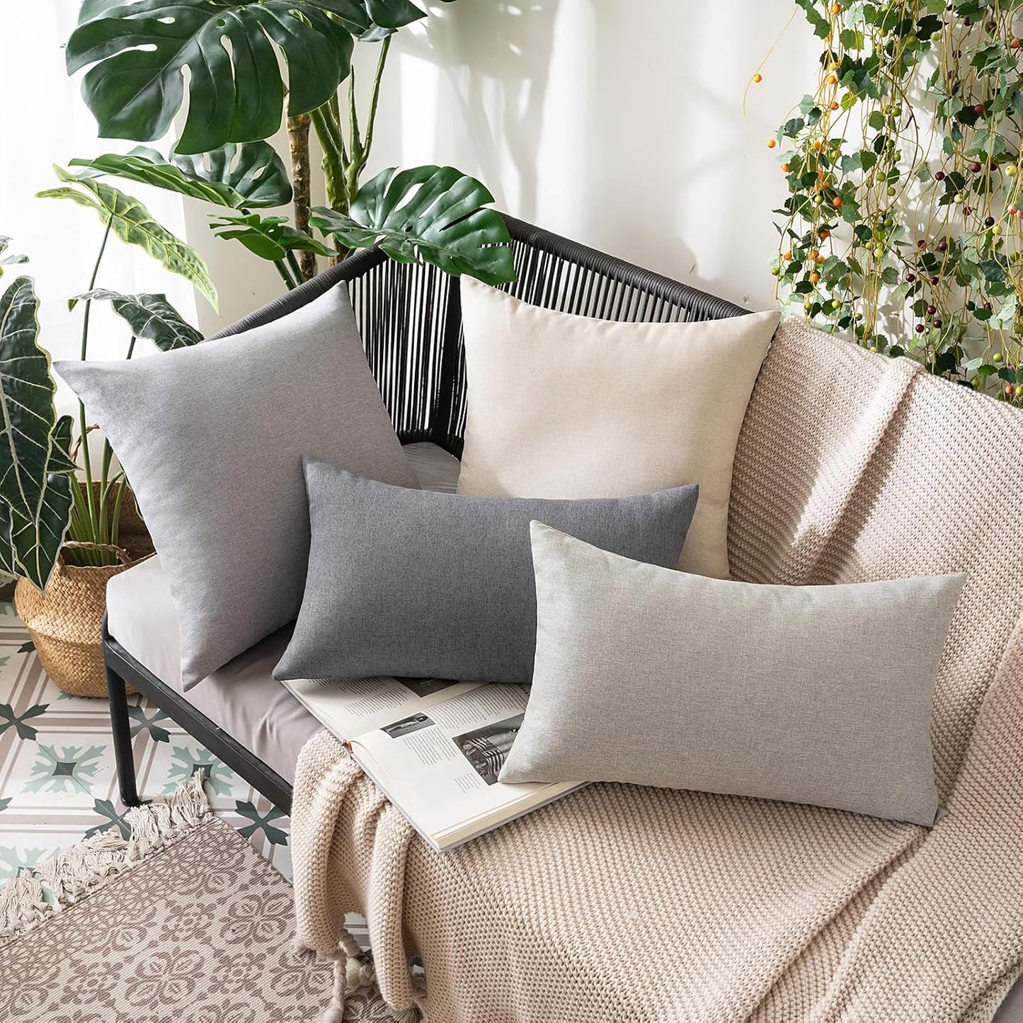 MIULEE Decorative Outdoor Throw Pillow Covers - Waterproof Faux Linen Cushion Cases | 22x22 Inch Light Grey (Pack of 2)