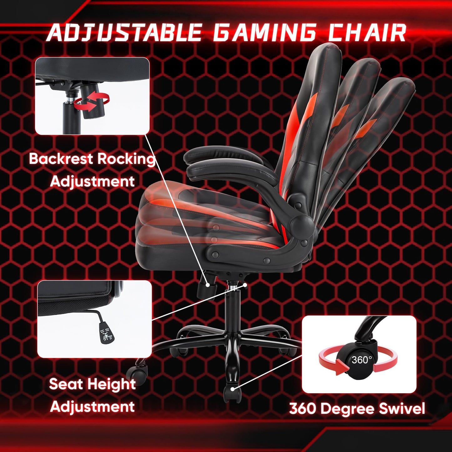 OLIXIS PU Leather Height Adjustable Computer Chair - Big and Tall Ergonomic Comfy Back Support Gaming Chair with Flip-up Armrest and 360° Swivel Wheels, for Home and Office, Red