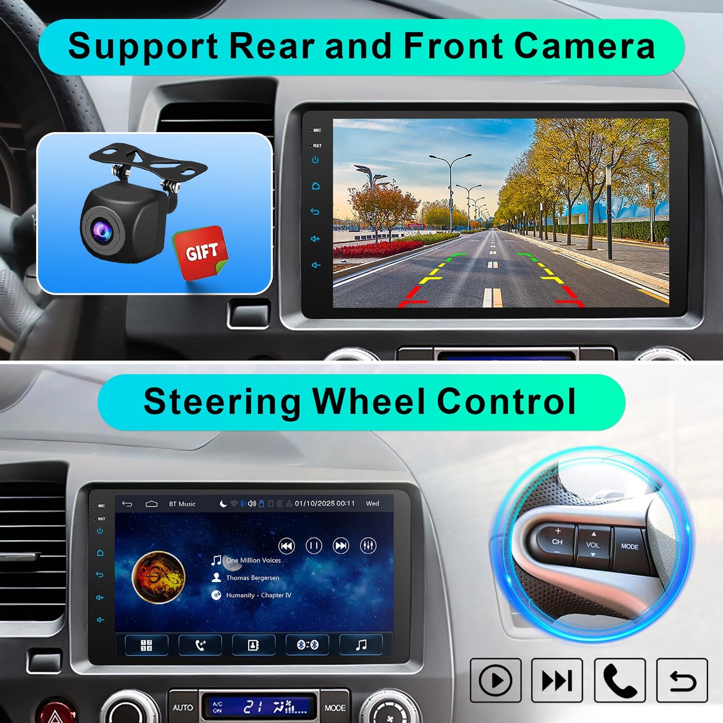Car Stereo Radio for Honda 2006 2007 2008 2009 2010 2011 with Wireless Carplay & Android Auto,9 Inch 1080P Touch Screen for Civic Radio with Airbag Indicator Bluetooth FM Mirror Link SWC Camera