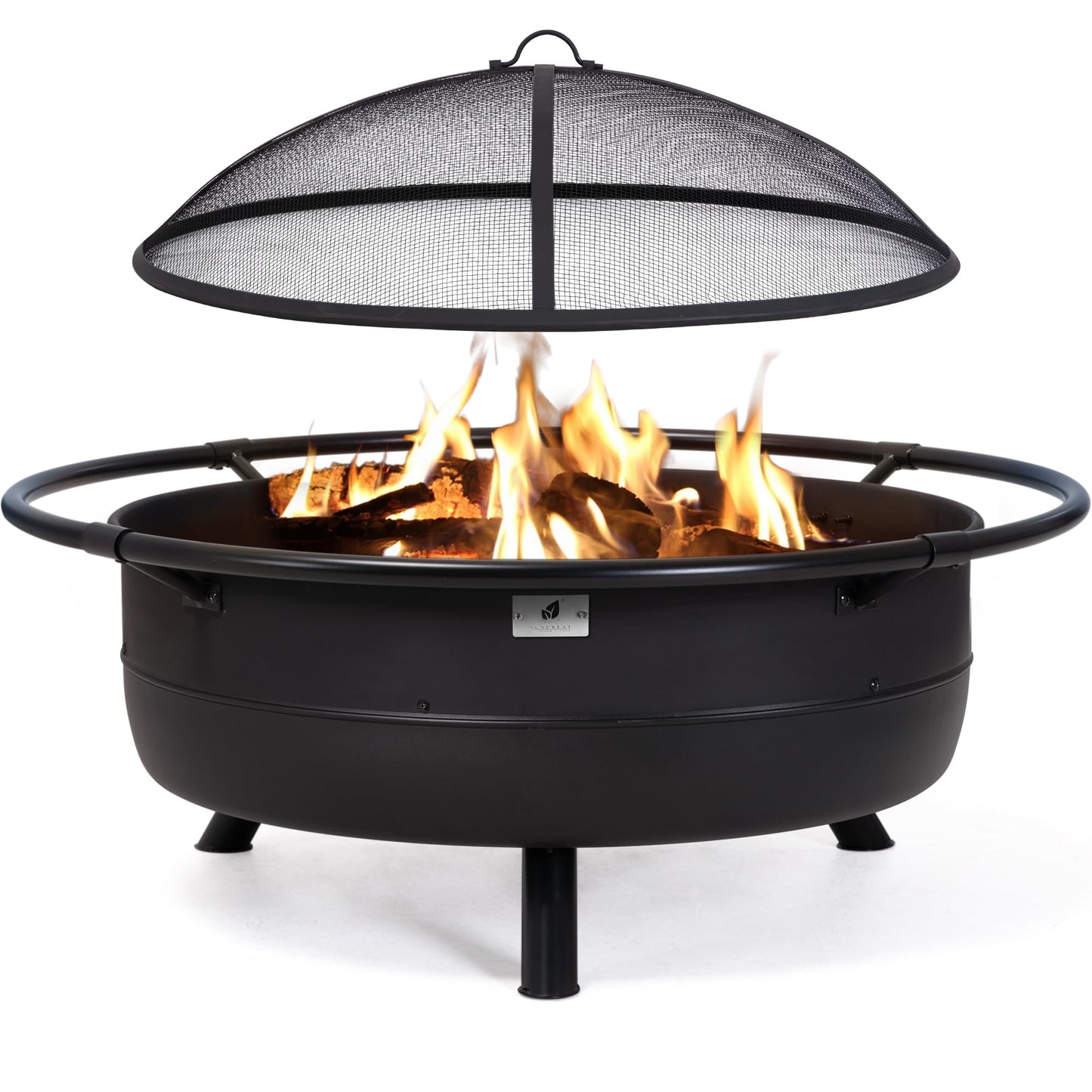 SUNCREAT 42" Outdoor Portable Fire Pit with Spark Screen, Fire Poker, Wood Burning Patio Fire Pits with Protective Ring, Black