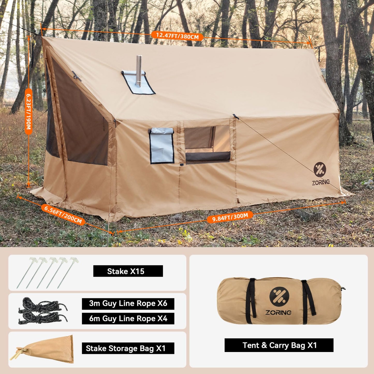 Zoring Hammock Hot Tent with Stove Jack - 4 Season Winter Tent with Snow Skirt, PU3000mm Waterproof Cold Weather Wall Shelter with Big Mesh Door/Windows for Backpacking, Camping, Hiking (No Poles)