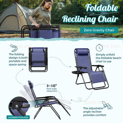 Homall Zero Gravity Chair Patio Folding Lawn Outdoor Lounge Gravity Camp Reclining Lounge Chair with Cup Holder Pillows for Poolside Backyard and Beach Set of 2 (Blue)