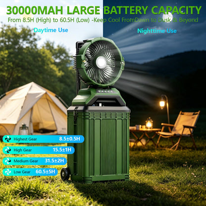 Veubew Portable Misting Fan with 30L Bucket, 30000mAh Rechargeable Battery Powered, 12Hrs Mist Rechargeable Fans, 4 Strong Winds, 4 Spray Mister, 3 Lighting Settings for Outdoor, Camping, Patios
