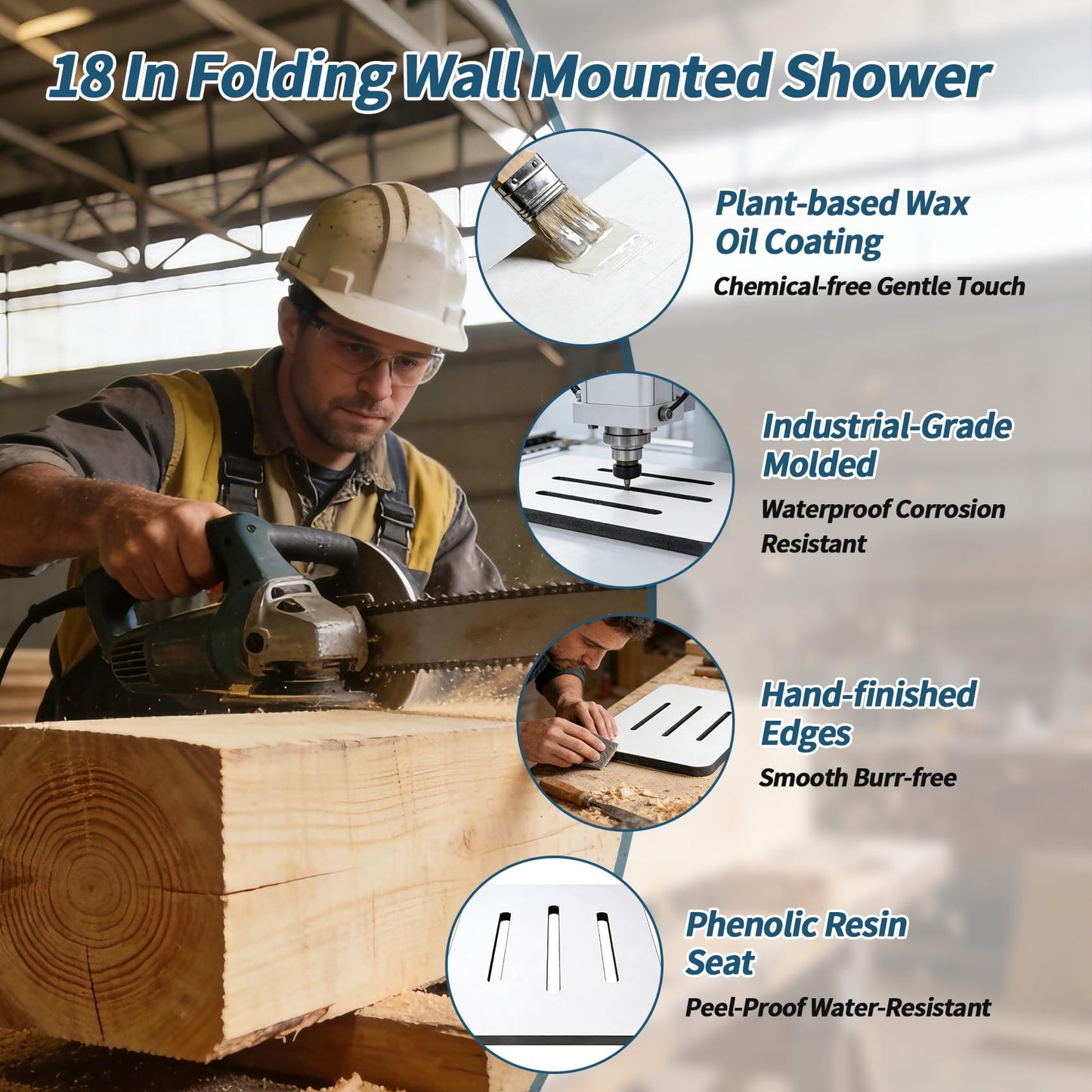 18" Foldable Wall Mounted Fold Down Shower Seat, ADA Compliant Folding Shower Bench with Phenolic Resin Surface No Peeling No Cracking, Triangular Stainless Steel Frame, 420lbs Capacit