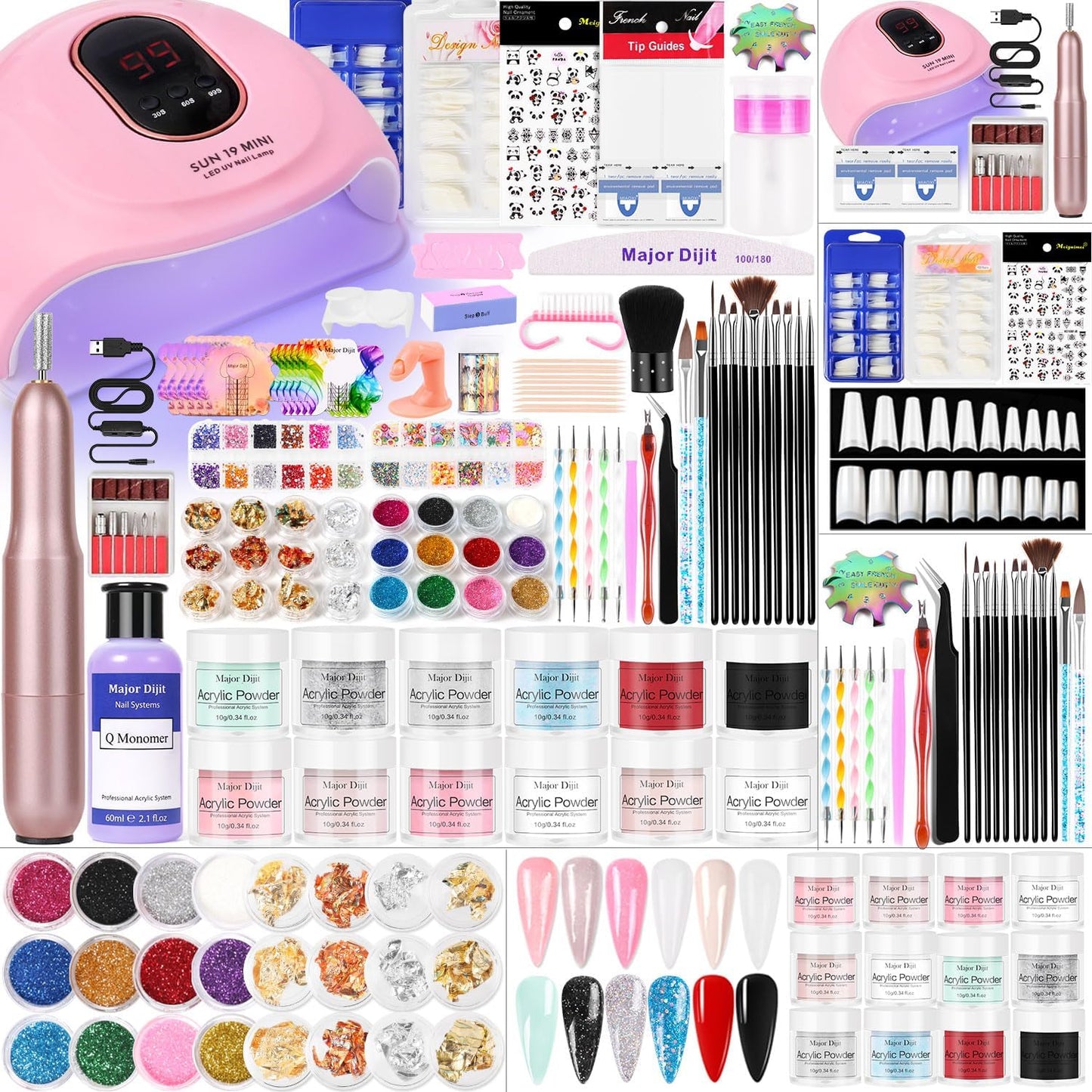 Major Dijit Acrylic Nail Kit with Nail Lamp, 0.35 oz White Clear Pink Black and More 12 Colors Acrylic Powder and Liquid Kit, Electric Nail Drill, Glitter, Nail Art Brushes,Nail Kit for Beginners
