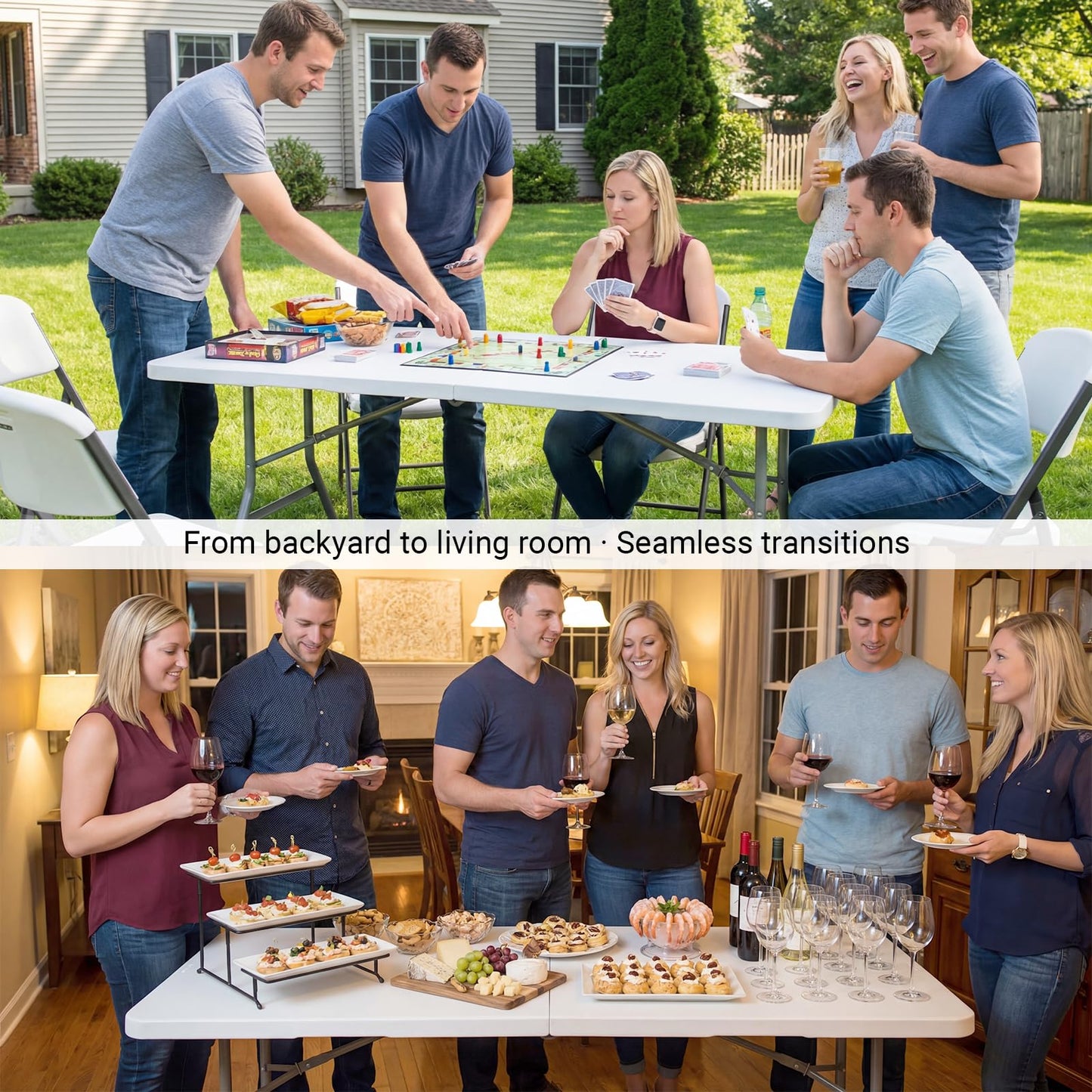 Byliable Folding Table 6ft, Heavy Duty Portable Plastic Fold-in-Half Utility Table with Carrying Handle for Indoor Outdoor, Camping Picnic Party, White
