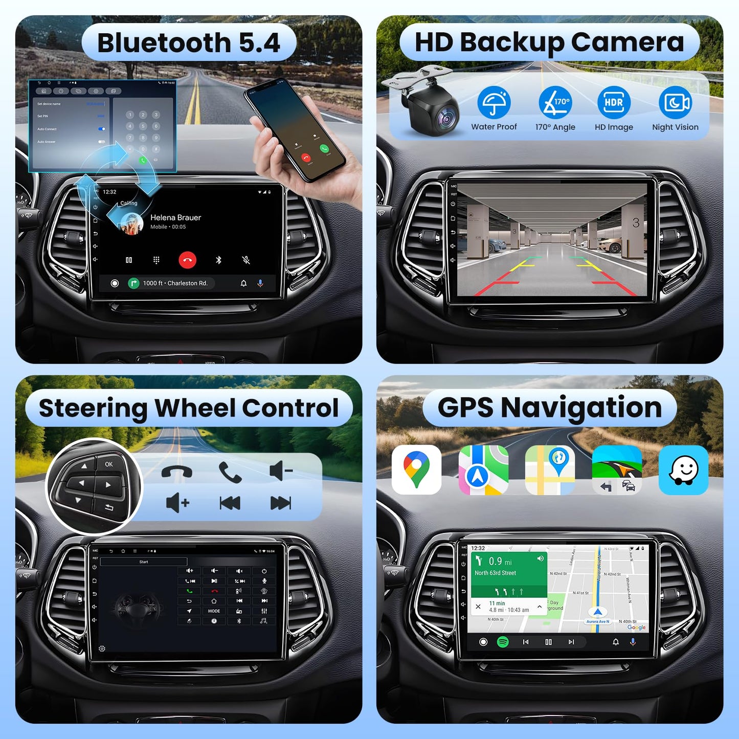 [4G+64G] Car Radio Stereo for Jeep Compass 2017-2020: 10 inch Upgrade Bluetooth 5.4,1280 * 800HD Touch Screen Head Unit Replacement with CarPlay Android Auto 5GWiFi GPS RDS FM SWC Backup Camera