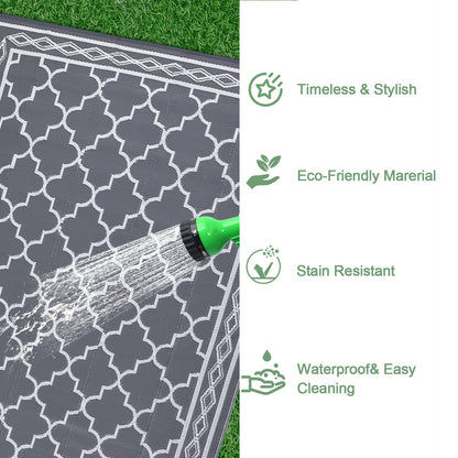 GlowSol Reversible Outdoor Rug 9x12 ft Clearance, Waterproof Outdoor Plastic Straw Rug with Carry Bag, Modern Geometric Patio Rug,RV Mat for Porch,Deck,Backyard,Camping,Balcony,Deck,Backyard,Grey
