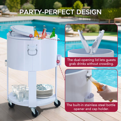 SUNJOY 60 Quart Rooling Ice Chest Cooler Cart, Portable Patio Party Bar Drink Cooler Cart, Beverage Bar with Bottle Opener and Shelf, White