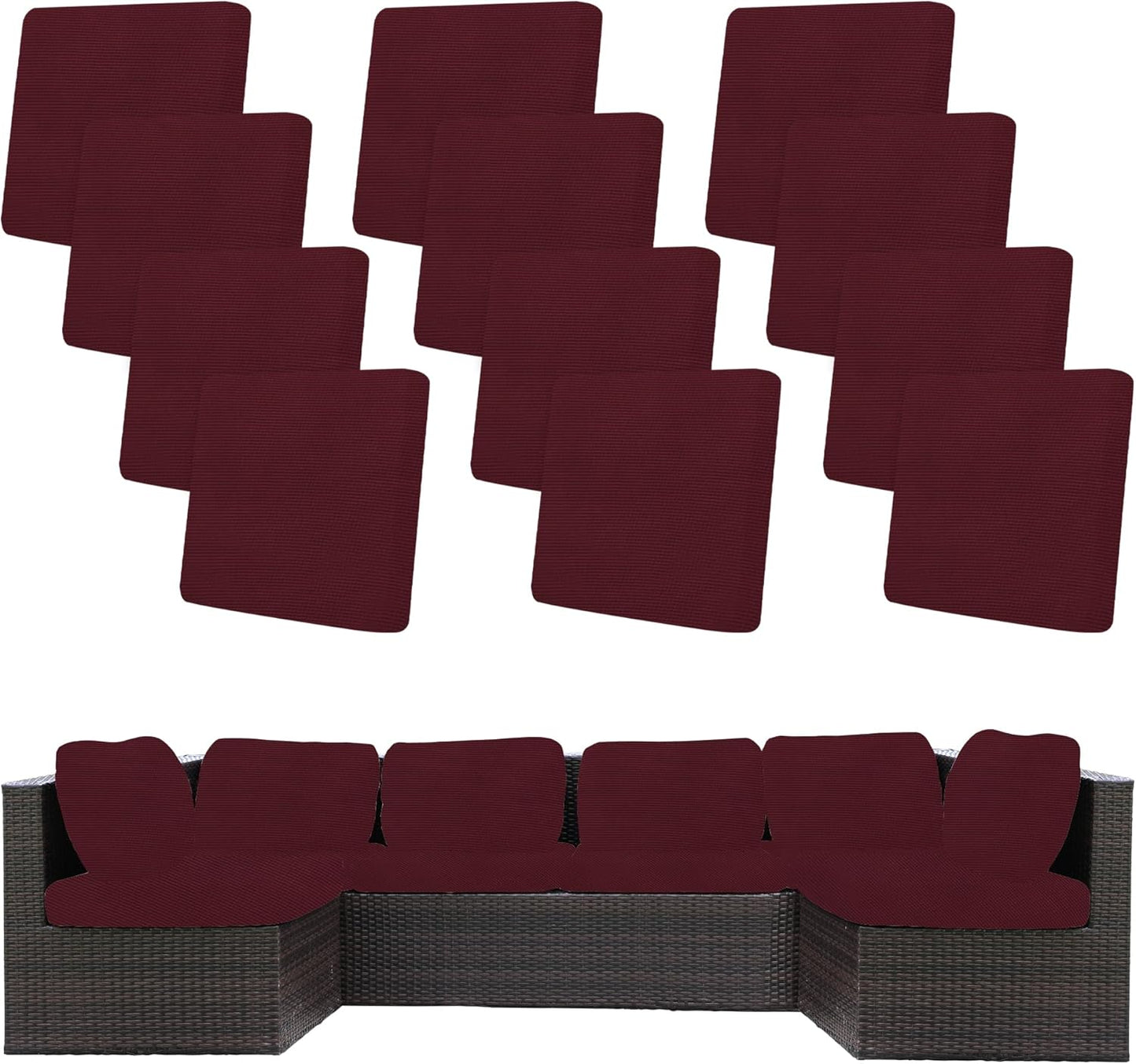 Skiennix 12-Pcs Stretch Patio Cushion Covers - Washable & Reusable Furniture Protectors | Wine Red