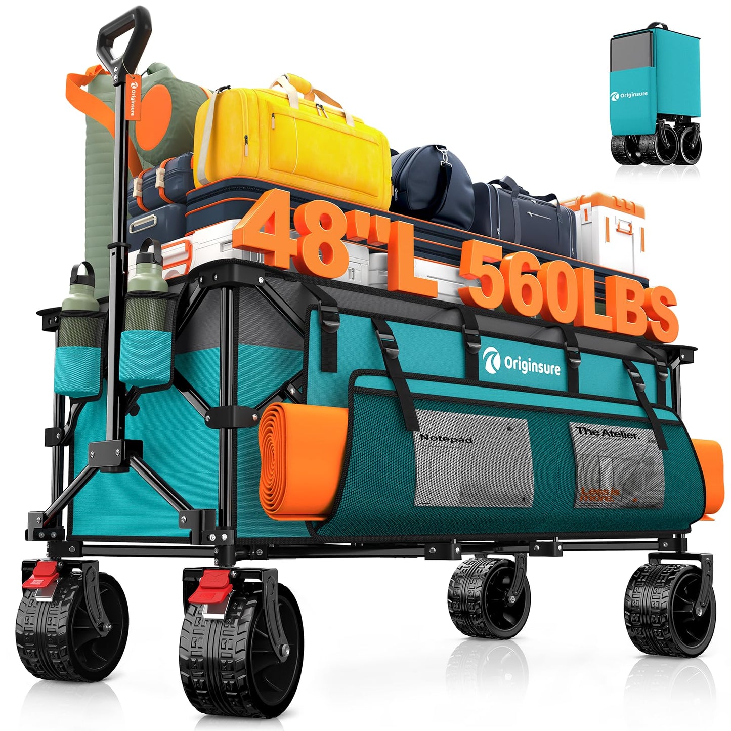 Originsure 48" L Collapsible Wagon Cart Foldable, 560lbs Weight Capacity 300L Heavy Duty Folding Beach Wagons with Big All-Terrain Wheels, Utility Carts for Groceries, Camping, Sports - Grey&Turquoise