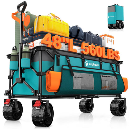 Originsure 48" L Collapsible Wagon Cart Foldable, 560lbs Weight Capacity 300L Heavy Duty Folding Beach Wagons with Big All-Terrain Wheels, Utility Carts for Groceries, Camping, Sports - Grey&Turquoise