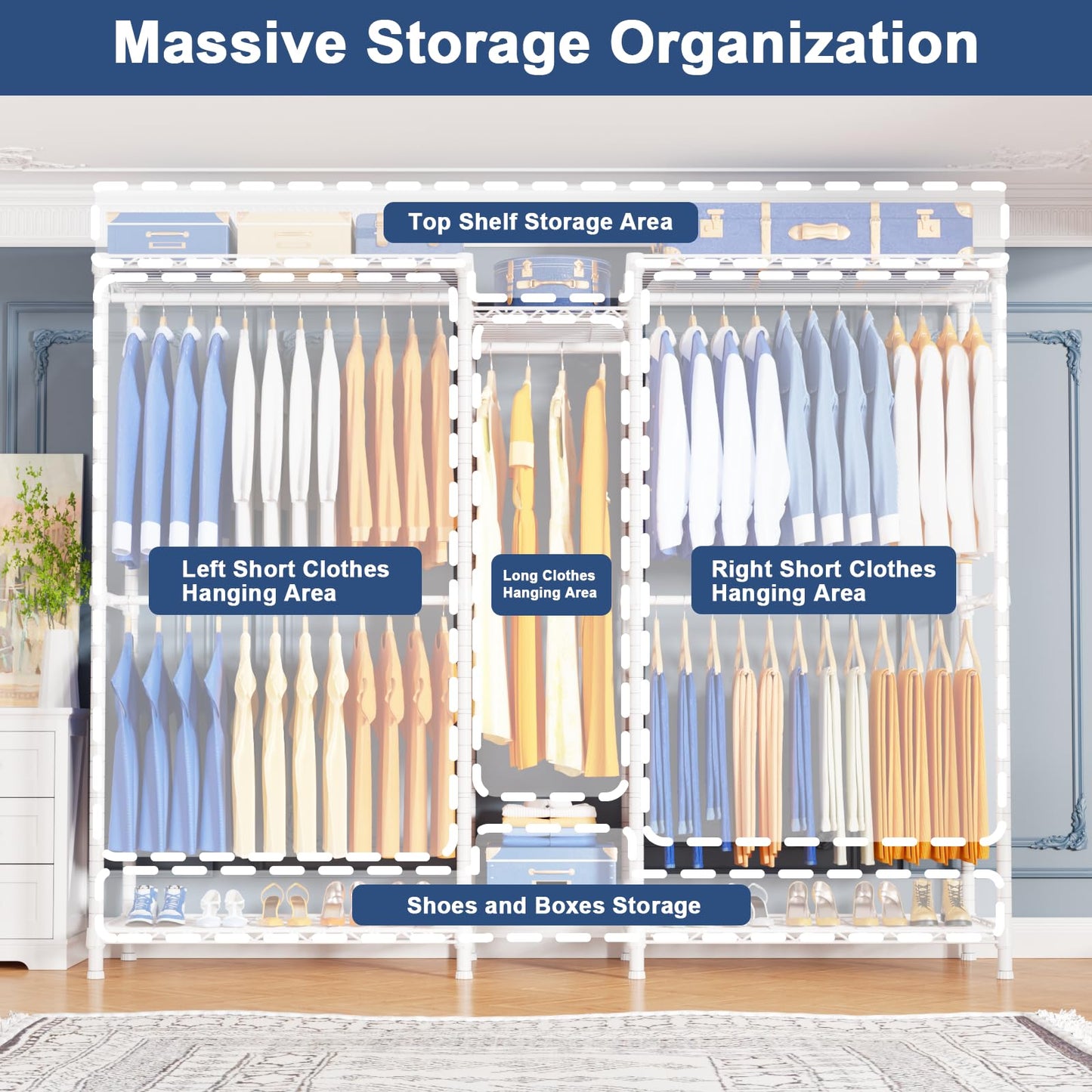 Ulif E12C Pro Heavy Duty Closet Organizer System，Freestanding Clothing Racks for Hanging Clothes，Adjustable Garment Rack 71"W x 16"D x 76.5"H Hold 960lbs，White Clothing Rack with Grey Dustproof Cover