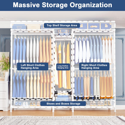 Ulif E12C Pro Heavy Duty Closet Organizer System，Freestanding Clothing Racks for Hanging Clothes，Adjustable Garment Rack 71"W x 16"D x 76.5"H Hold 960lbs，White Clothing Rack with Grey Dustproof Cover