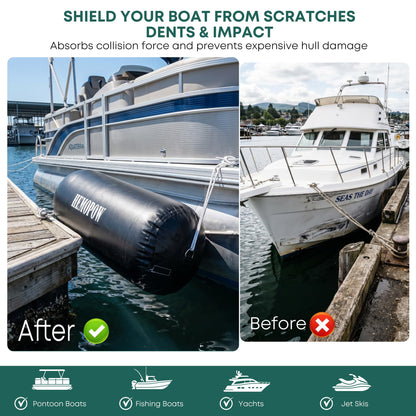 HEMOPOW Heavy Duty Inflatable Boat Fenders, Upgraded PVC Dock Bumpers for Docking - Marine Boat Fender with Storage Bag, Pump & Lines for Yacht, Pontoon, Fishing Boat - 18 * 60inch