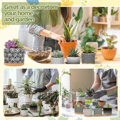 Threehoney 12 Pack 3.14 Inch Ceramic Succulent Pots Geometric Pattern Small Succulent Plant Pots with Drainage Hole and Bamboo Trays Mini Flower Cylinder Pot for Small Plant Cactus Home Office Decor