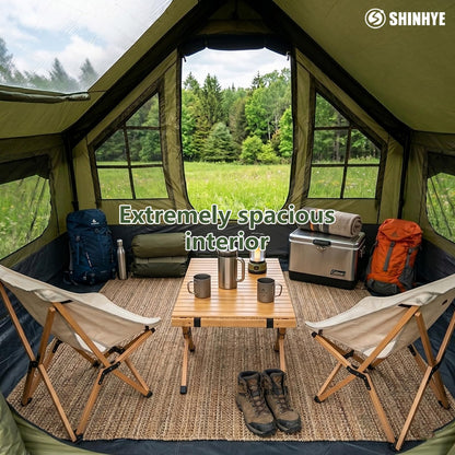 Inflatable Tents for Camping - Blow Up Tent with Stove Jack and Pump, Hot Cabin Tent House Easy Setup 4 Season Waterproof Oxford Glamping Air Tents for Adult 2/3/4 Person