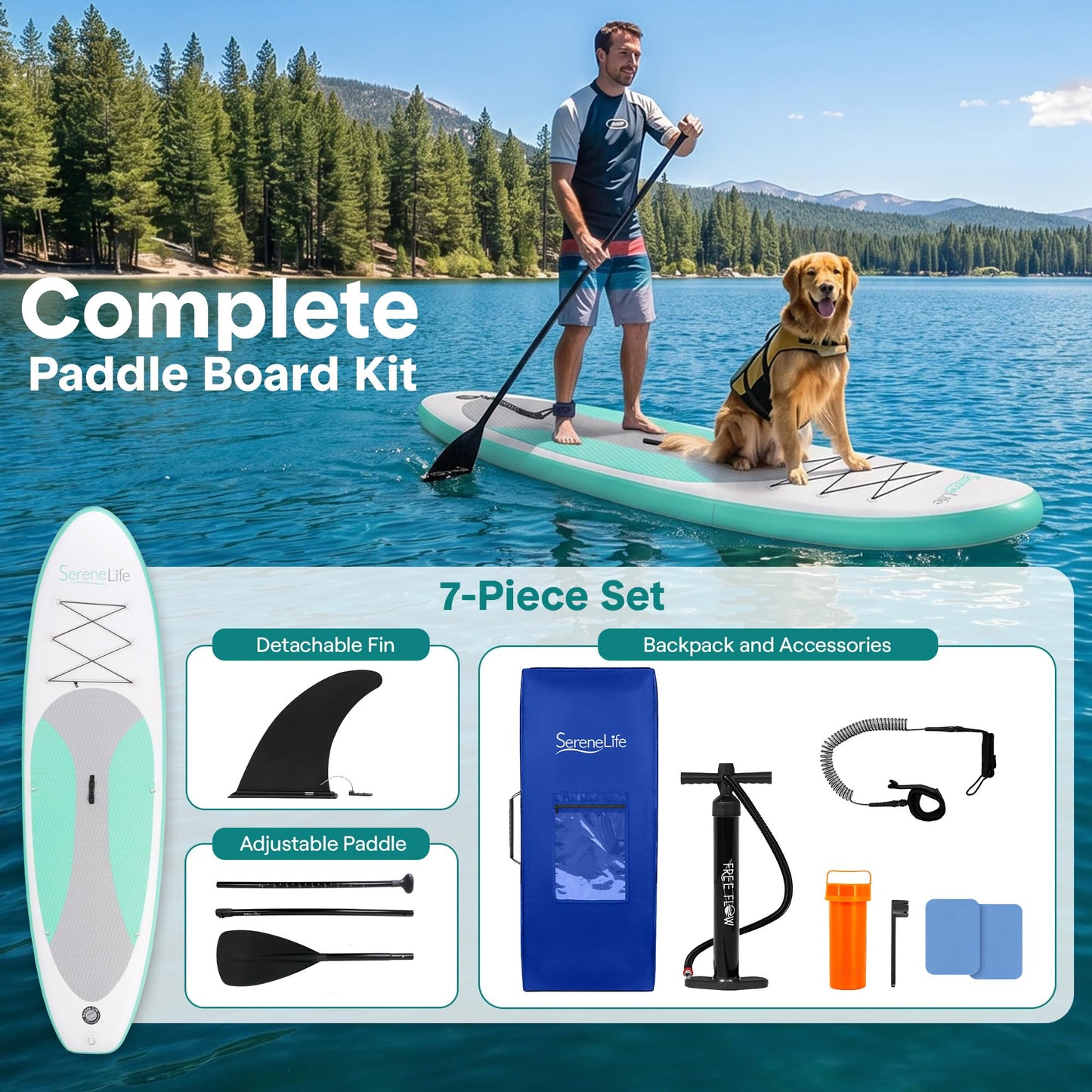 SereneLife 10’ Inflatable Stand Up Paddle Board with Premium SUP Accessories - 32” Wide Stable Design with Non-Slip EVA Deck Pad, for Youth and Adults, 350 lbs. Capacity