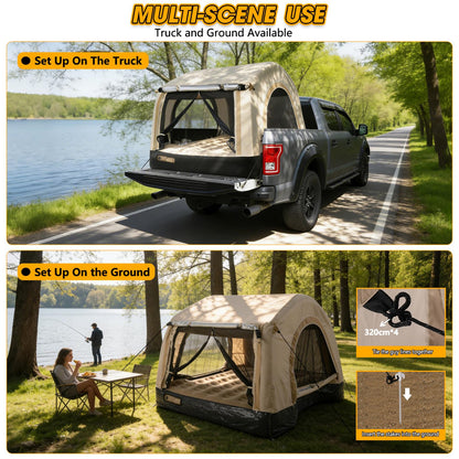 TIPHOPE All-in-One Inflatable Truck Bed Tent with Mattress for 5.5-6.5FT,Built in Wireless Rechargeable Air Pump,3 Mins Fast Setup,Waterproof PU 2000MM Pickup Truck Tent for Camping Road Trip