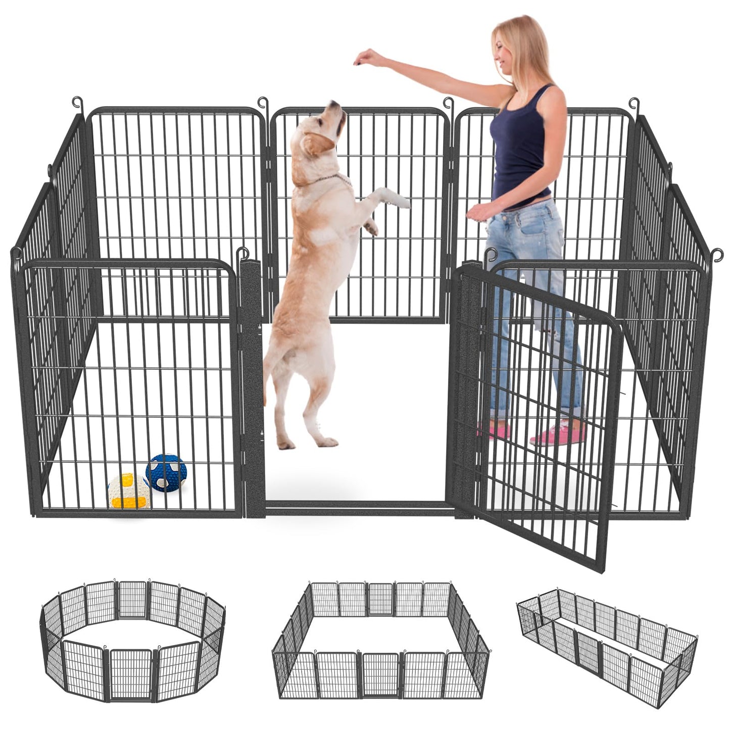 1R2P3I Dog Playpen Outdoor with Low Threshold Gate, 32 inch 10 Panels Dog Play Pen Indoors, Heavy Duty Metal Puppy Playpen Dogs Pen, Rust-Resistant Pet Playpens for Yard RV Camping