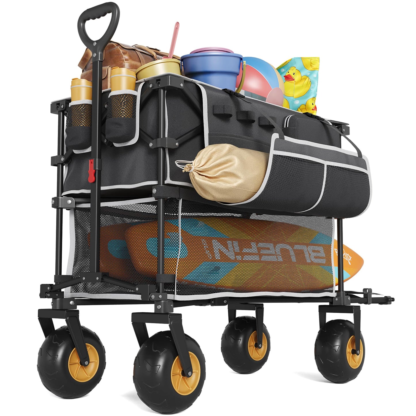 400L Double Decker Beach Wagon-500LBS Heavy Duty Beach Cart with 9" Big Balloon Wheels for Sand,Folding Collapsible Wagon with Side Pocket for Beach, Fishing, Camping,Outdoor(Black)