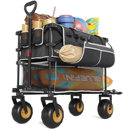 400L Double Decker Beach Wagon-500LBS Heavy Duty Beach Cart with 9" Big Balloon Wheels for Sand,Folding Collapsible Wagon with Side Pocket for Beach, Fishing, Camping,Outdoor(Black)