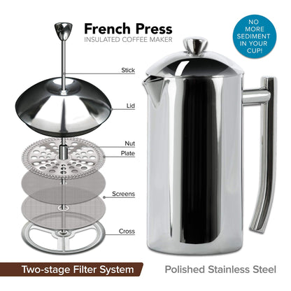 Frieling French Press Coffee Maker - 23 oz, Polished Double-Wall Stainless Steel - Insulated French Press for Camping - All Stainless Steel Coffee Maker