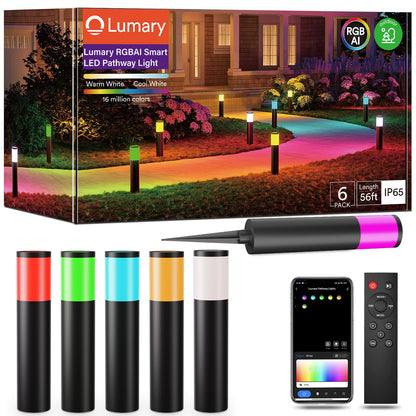 Lumary 6 Pack Smart Pathway Lights 2100LM, RGBAI/Cool/Warm White, Aluminum Wired Landscape Lighting IP65 Waterproof Works with Wi-Fi APP/Voice/Remote Control for Outdoor Yard, Garden, Walkway