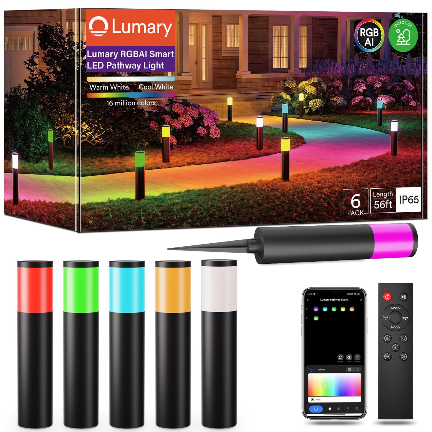 Lumary 6 Pack Smart Pathway Lights 2100LM, RGBAI/Cool/Warm White, Aluminum Wired Landscape Lighting IP65 Waterproof Works with Wi-Fi APP/Voice/Remote Control for Outdoor Yard, Garden, Walkway