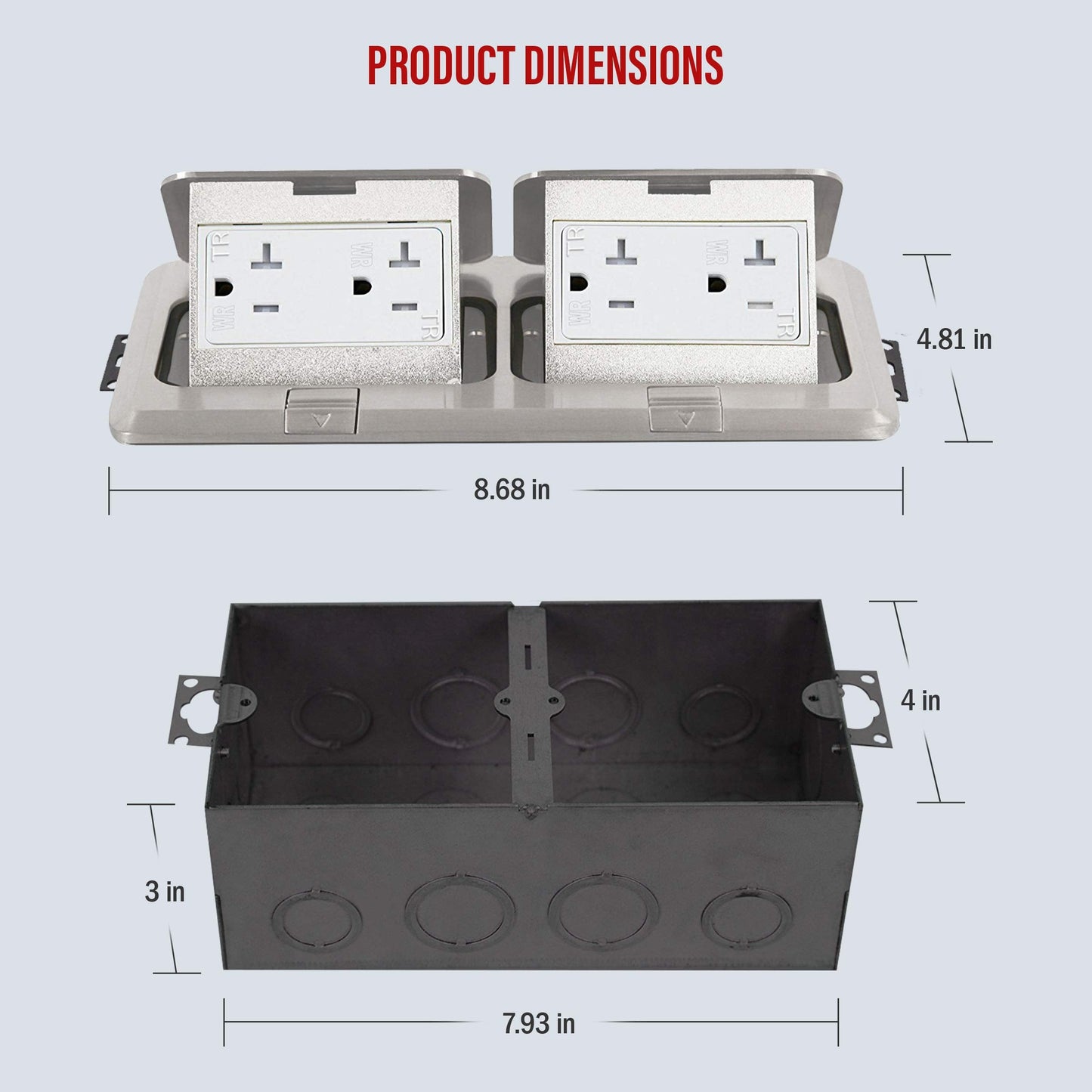 ENERLITES - 662301-S-STICKERED Dual Pop-Up Floor Box Kit, 8.68” X 4.75” Cover, 20A Tamper-Weather Resistant Receptacle Outlets, Watertight Gasket, Corrosive Resistant Hardware, 962301-S, Nickel Plated Brass, 2 Gang, Model: 662301-S