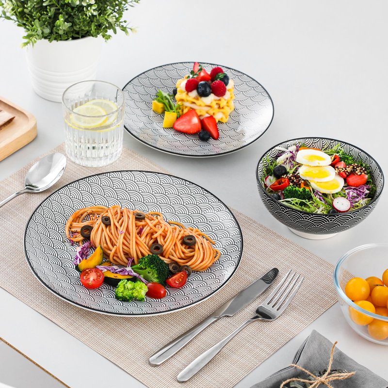 vancasso Haruka 12 Pieces Plates and Bowls Set, Ceramic Dinnerware Sets for 4, Black and White Porcelain Dishes Set