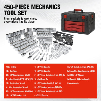 WORKPRO 450-Piece Drive Socket Set 1/2" 1/4" 3/8", CR-V Metric and Imperial with Quick-Release Ratchet Wrench, Spanners, Bits Set, Mechanics Tool for Car Repair