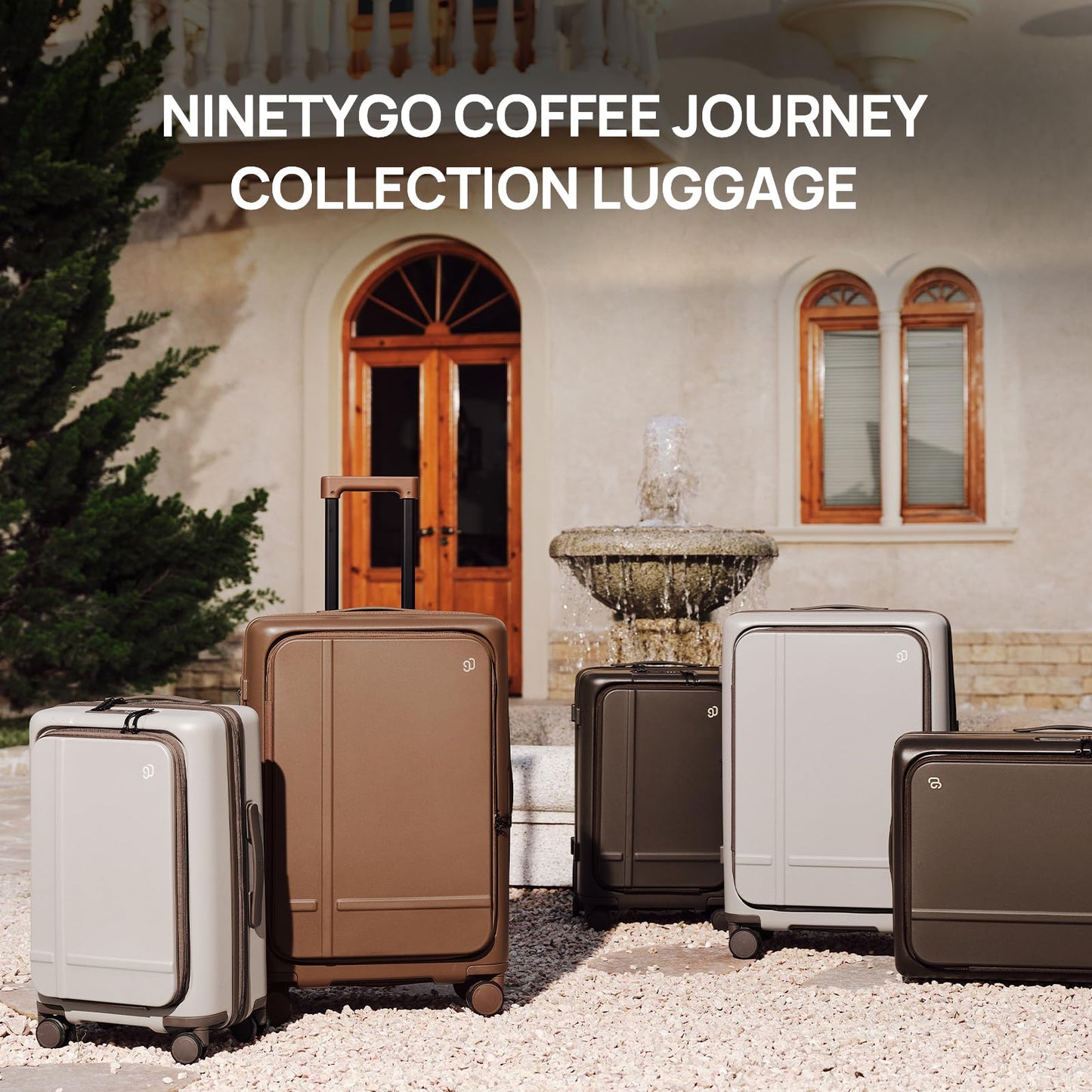 NINETYGO Medium Checked Luggage 25 Inch, Flat Top Opening Check In Luggage with Cup Holder, Expandable, Coffee-Infused PC Hard Shell, Eco-Friendly, TSA Lock, 360° Spinner Wheels (Americano)