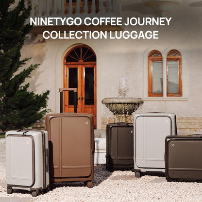 NINETYGO Medium Checked Luggage 25 Inch, Flat Top Opening Check In Luggage with Cup Holder, Expandable, Coffee-Infused PC Hard Shell, Eco-Friendly, TSA Lock, 360° Spinner Wheels (Americano)