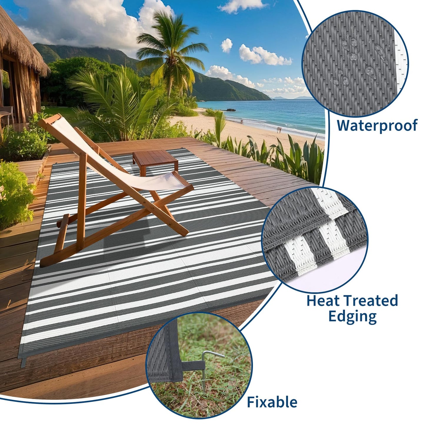 GarveeHome Outdoor Rug Mat for Patio, 9x18 Plastic Straw Rug, Modern Striped Outdoor Camping Rugs for Patio, RV, Porch, Deck, Backyard, Balcony, Camping, Trailer (Grey)