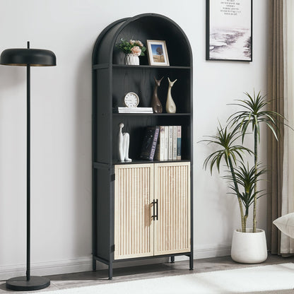 VIPLUMI Arched Bookcase Book Shelf with Doors, 5 Tier Display Bookshelf Tall Cabinet with Storage, Industrial Floor Standing Bookshelves Open bookcases for Home Office, Living Room(Oak&Black)