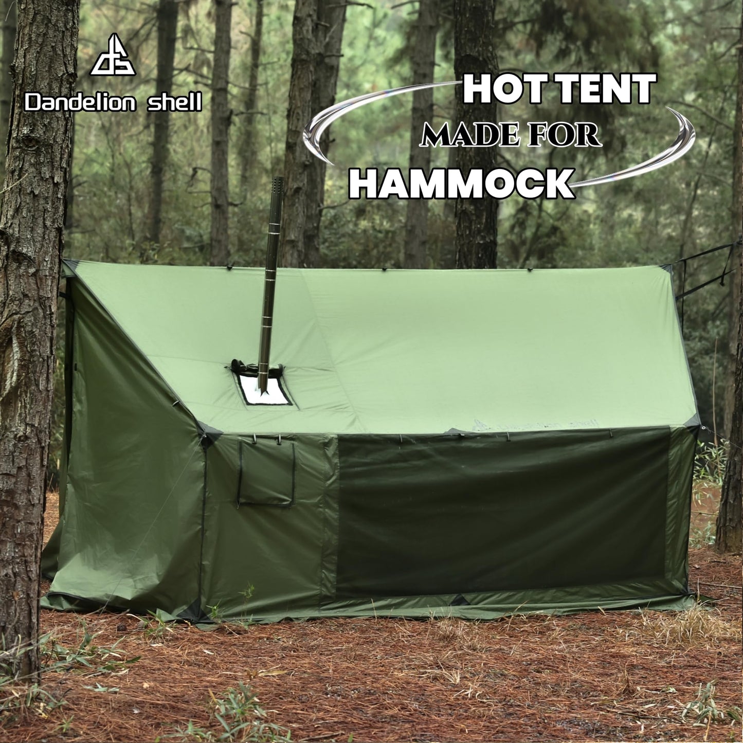 Dandelion Shell Hammock Hot Tent with Stove Jack and Double-Sided mesh Windows - Spacious, Versatile Wall Tent with Snow Skirt(No Poles)-Green Waterproof & Windproof, Ideal for Camping, Backpacking