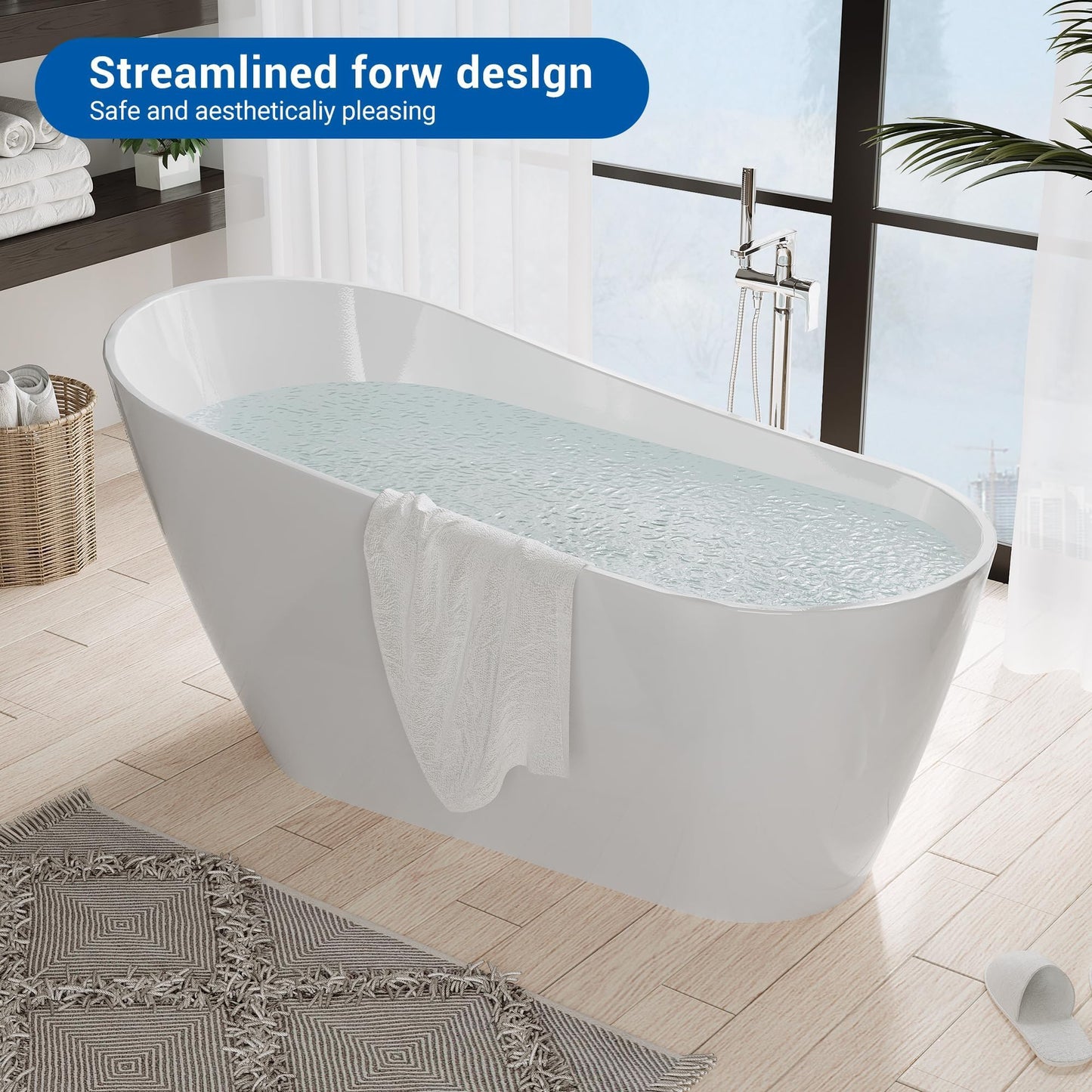 GarveeHome 67'' Acrylic Freestanding Bathtub, Deep Soaking Tub, Non-Slip Upright Bathtub for Adults, cUPC Certified Bath, Chrome Drain, Modern, Bathroom, Scratch Resistant White Tub