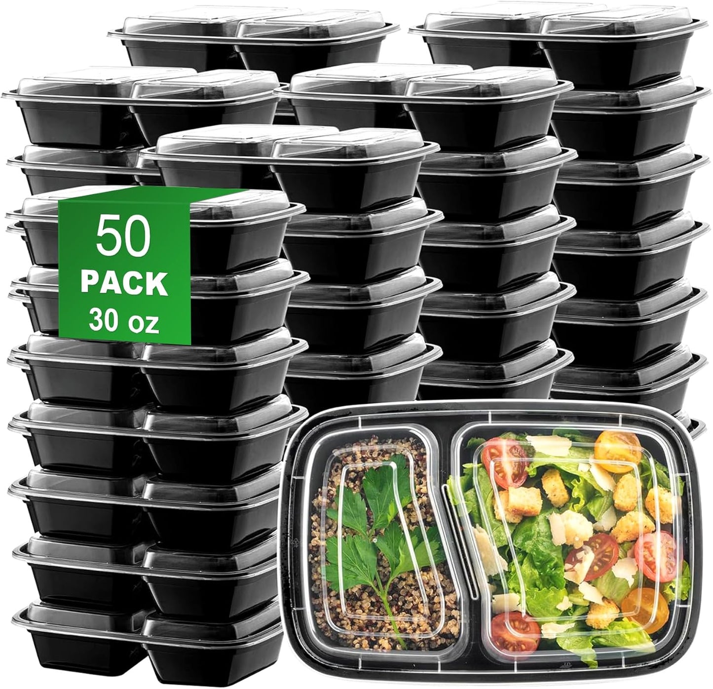 Meal Prep Containers 50 Pack | 30oz 2-Compartment BPA-Free Disposable Food Storage with Leakproof Lids