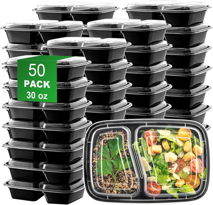 Meal Prep Containers 50 Pack | 30oz 2-Compartment BPA-Free Disposable Food Storage with Leakproof Lids