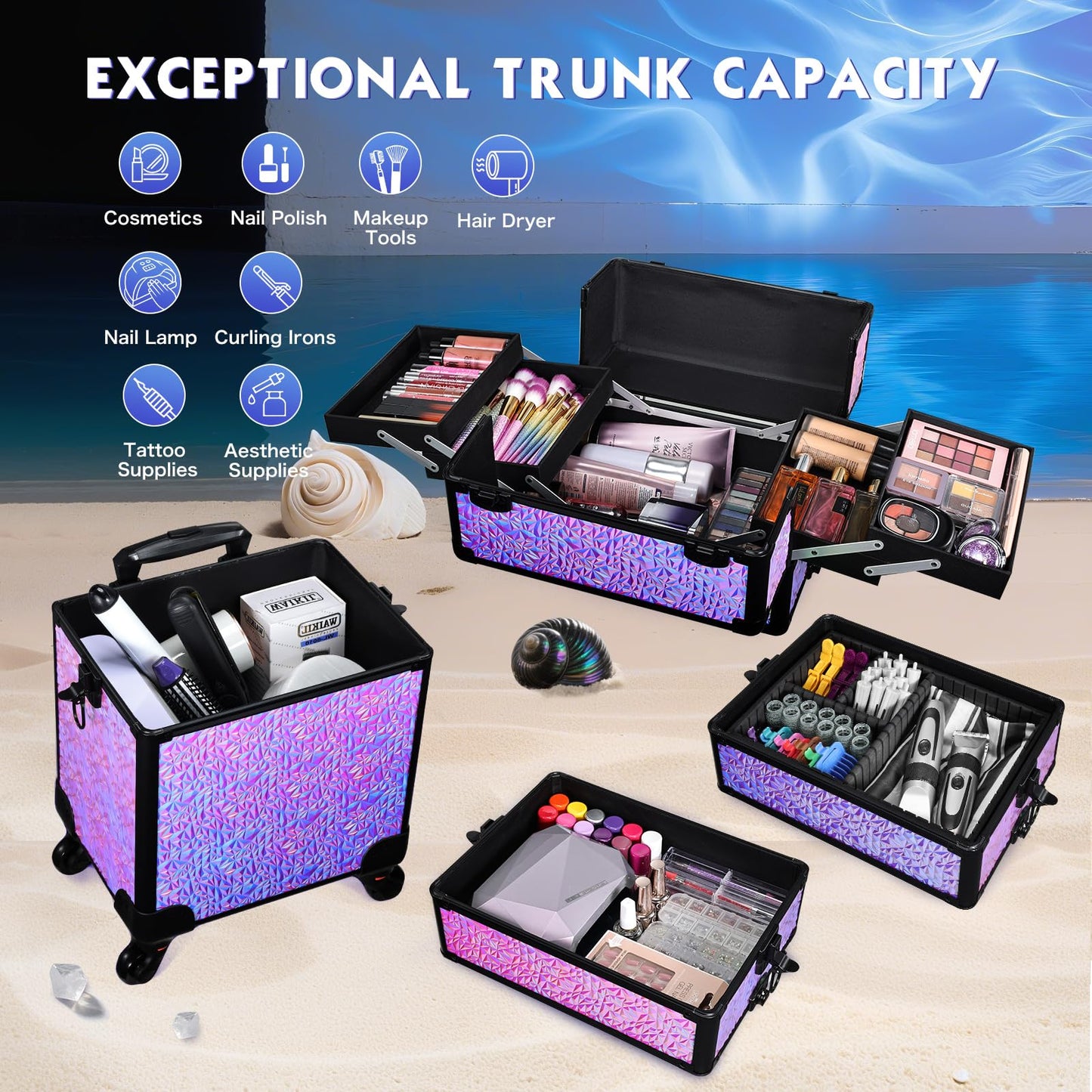 Stagiant Rolling Makeup Case Cosmetology Case on Wheels 4 in 1 Makeup Travel Case Extra Large Cosmetic Box with Key Make Up Artist Traveling Storage Nail Case Salon Barber Cart Trunk Shiny Purple