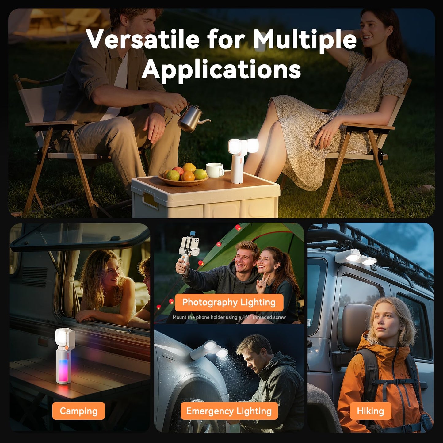 TEVOLE Camping Light Telescopic Collapsible 800 Lumens IP65 Waterproof with Product Image 4-in-1 Camping Light, Work Light, Video Flashlight 2000LM Rechargeable