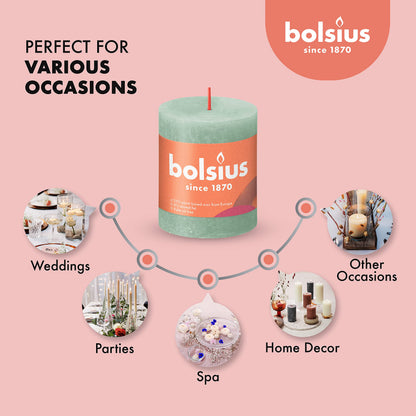 BOLSIUS 4 Pack Sage Green Rustic Pillar Candles - 2.75 X 3.25 inches - Premium European Quality - Includes Natural Plant-Based Wax - Unscented Dripless Smokeless 35 Hour Party and Wedding Candles