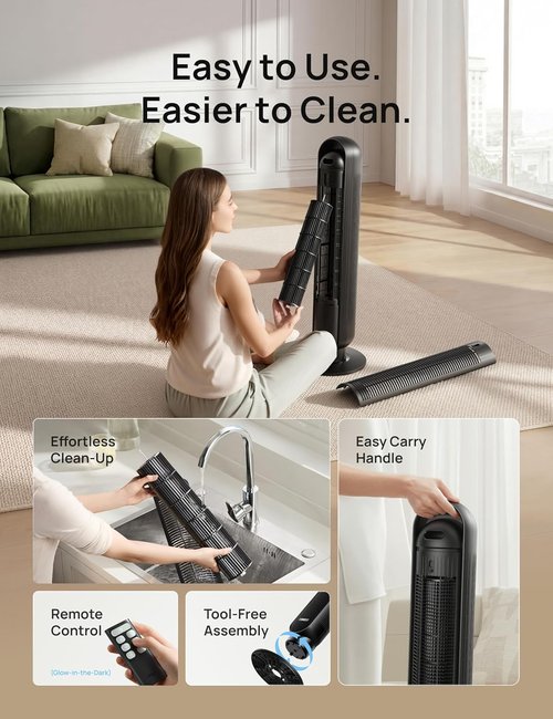 DREO Bladeless Tower Fan - Ultra Quiet 20dB with 8 Speeds & 90° Oscillation | High Velocity 28ft/s, Black