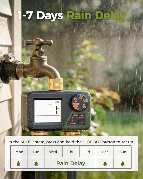 Diivoo Brass Sprinkler Timer - 2-Zone IP66 Waterproof Programmable Hose Timer | Large Display & Rain Delay for Garden Irrigation