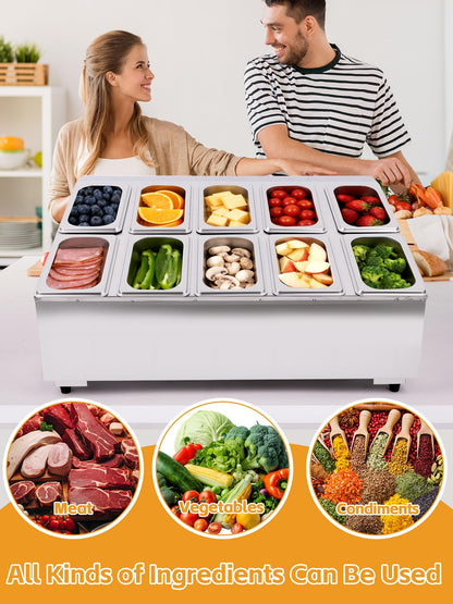 Lanstics Pizza Topping Station 10 Pans Pizza Storage Container Topping containers with Lids Spoon Condiment Organizers Buffet Containers Set for Restaurant Pizza Sauce Jam Fruit Ingredient