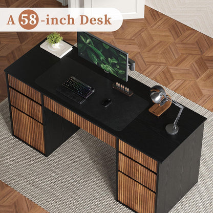 4 EVER WINNER Black Desk with Drawers, 58" Executive Office Desk with 7 Drawers and Hidden Handle, Computer Desk with File Cabinets for Living Room Study Table for Bedroom, Black