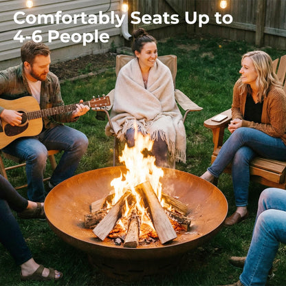 KOL Fire Pit for Outside Wood Burning, 27.5 Inch Round Firepit Bowl Outdoor and Patio, Heavy-Duty Steel Bonfire Pit Oxidized Finish, Free-Standing, Camping Backyard Terrace