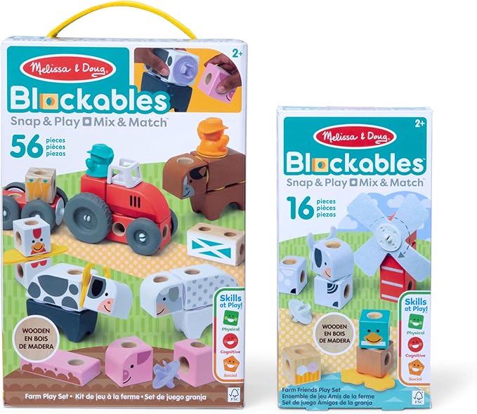 Melissa &amp Doug Blockables™ Farm and Farm Friends 2-Pack Bundle Connectable Wooden Building Blocks Preschool Play Set Toy